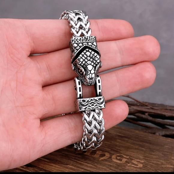 Nordic Viking Stainless Steel Snake Head Men Bracelet 9" - Picture 5 of 7